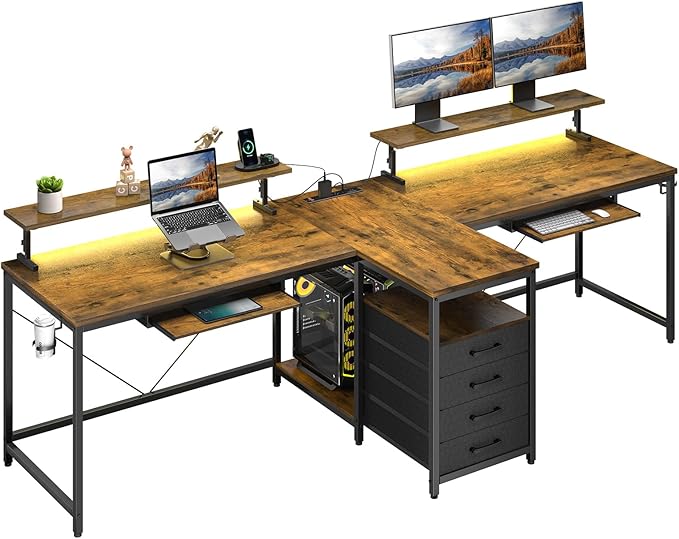 2 Person Desk with Power Outlet & LED Lights, Extra Long 94.5 Inch Double Person Computer Desk with Storage Shelves,Keyboard Tray and Monitor Stand for Home Office, T Shaped Gaming Desk
