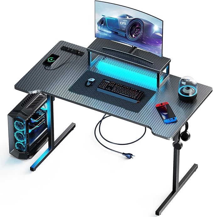 Black Desks with LED Lights and Power Outlets, 55 Inch Computer Desk with Monitor Stand, Small Gaming Desk PC Desk, Carbon Fiber Black
