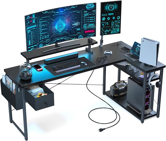 L Shaped Gaming Desk, 63 Inch Computer Desk with Adjustable Stand & RGB Lights, Corner Desk for Power Outlet, Carbon Fiber Texture, Gaming Room

