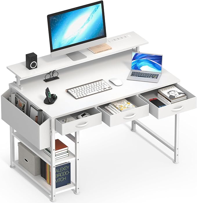 White Gaming Desk with LED Lights and Power Outlets, 47 Inch Computer Desk with 3 Drawers and Adjustable Monitor Stand, Home Office Desks with Charging Station USB Port, Study Writing Table
